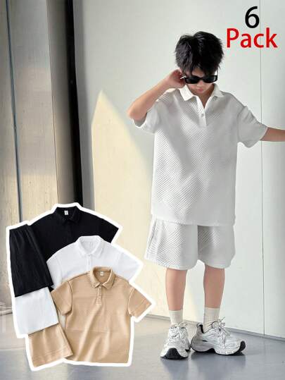 SHEIN Tween Boy Textured Casual Short Sleeve & Shorts 2pcs Set
