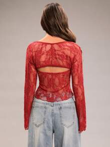 SHEIN BAE 女士勃艮第蕾丝透明简约派对上衣，适合约会之夜、女生聚会、生日派对、情人节、鸡尾酒会、夜总会、节庆活动 - 紅色 - 查看 2