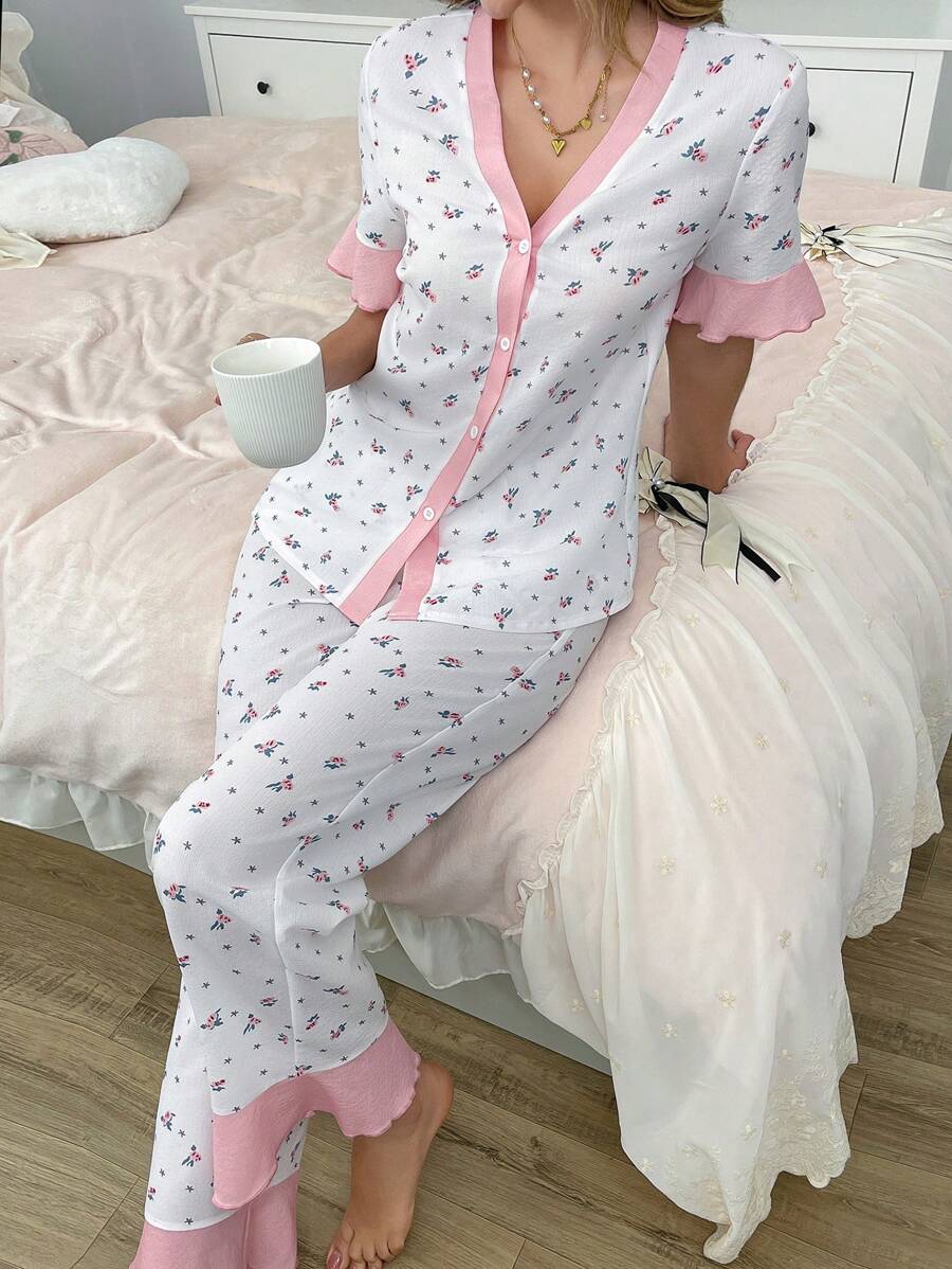 2pcs Contrast Ruffle Trim Cute Ditsy Floral Pajama Set - Pink - View 1