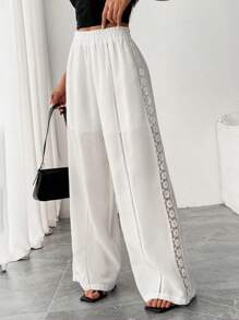 Chiquease Vacation Nature Lace Patchwork Linen Hollow Out Loose High Waist Casual Pants Fall Cloth For Women - White - View 4