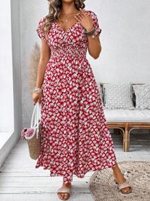 SHEIN Clasi 大码女士情人节编织印花常规春夏季度假红色短袖连衣裙，女士夏季服装，圣帕特里克节狂欢服装，节日春假服装，波西米亚风