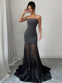 Elenzga Nouvelle robe de soirée de luxe pour femmes, robe élégante à ourlet asymétrique avec design patchwork noir - Noir - Voir 3