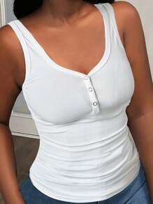 Slaydiva Nuevo top de punto acanalado sin mangas con cuello de pico y botones para mujer, básico y casual, adecuado para el estilo occidental, bohemio, playa, invitados de boda, Pascua, festivales rave, conciertos, graduación y deporte, color blanco, primavera y verano 2025 - Blanco - Ver 1