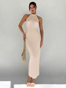 Aloruh Women's Solid Color Bodycon Backless Dress - Apricot - View 4