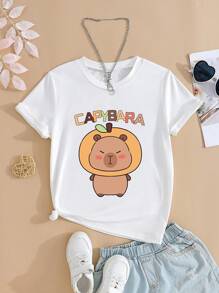 SHEIN 青少年女孩水豚印花圆领短袖可爱T恤