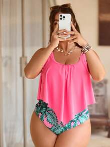 Swim Lushoire 2 قطعة مجموعة ملابس سباحة للنساء بحجم إضافي، توب سادة ممارك والشورتس مطبوعة جانبية بالكسرات، مناسبة للعطلات والشاطئ