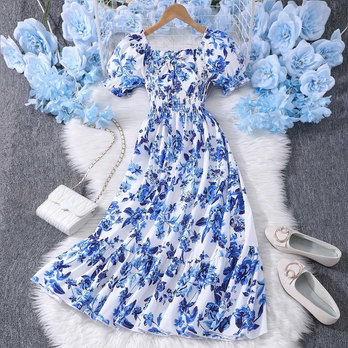 Vestido de manga corta para niñas preadolescentes con estampado floral y lazo