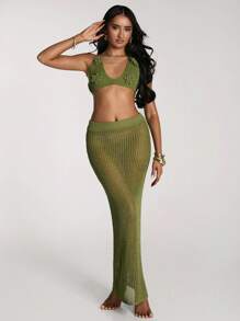 SHEIN BAE Solid Color 3D Floral Decor Halter Backless Sweater Vest And Long Sheer Skirt Suit - Green - View 5