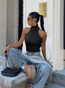 Flirla Slim Fit High Collar Women Knitted Top, Minimalist & Fashionable For Summer - Black - View 3
