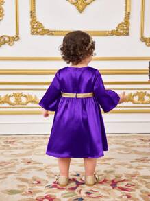 SHEIN Toddler Girls' Elegant Summer Color-Block Gold Pattern Dress - Purple - View 2