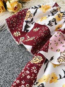 SHEIN LUNE Blusa Elegante, Casual, Minimalista, Retrô e Versátil de Moda Feminina, Best-seller, Design de Manga Curta com Babados de Duas Camadas, Ombro Caído, em Tecido Floral, Vinho, Plus Size, Primavera/Verão/Outono - Vinho - Visão 4
