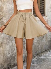 Breezaya Váy ngắn nữ màu trơn, có bèo nhún, thắt eo, dáng rộng, thoải mái - Màu Khaki - Xem 3