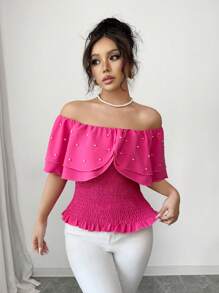 Elenzga Women's Woven Bubble Beads Elegant Summer Regular Shirt - Hot Pink - View 5