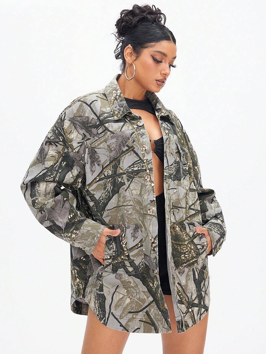 SHEIN ICON Plant Printed Button Front Pocket Denim Jacket, Suitable For Everyday Wear - Green - View 1