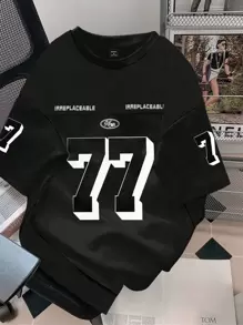 Manfinity Campus Court 男士休闲字母与数字印花短袖 T 恤，夏季，男士球衣，男士足球球衣 - 黑色 - 查看 5