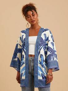 Travachic 女士梭织印花长袖宽松和服罩衫，春夏装，夏季装，沙滩装，女士西部装，春假装，女士音乐会装，波西米亚风，狂欢装，热带度假装，节日装，浪漫装，热带装 - 藍白色 - 查看 3