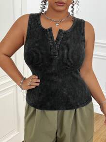 SHEIN EZwear Plus Size Vintage Washed Casual Everyday Button Neck Fitted Camisole Tank Top, Spring/Summer - Black - View 4
