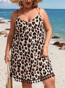 SHEIN VCAY Plus Size Women Leopard Print Loose Fringed Hem Cami Dress, For Vacation Plus Size Women Clothes Summer Plus Size Dresses Vacation Plus Size Summer Dresses - Multicolor - View 3