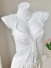 Comfortcana Camiseta sin tirantes para mujer de unicolor con bordado calado y cordones, para uso casual en vacaciones - Blanco - Ver 7