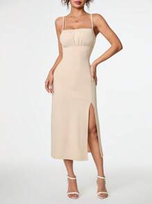 SHEIN PETITE Women Solid Color Ruched Midi Slip Dress With Slit - Apricot - View 6