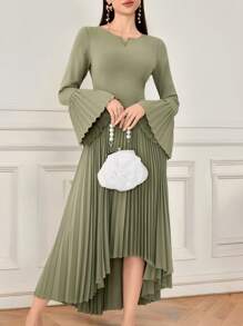Modelyn Vestido largo elegante de mujer con manga acampanada y plisado en unicolor - Verde Oliva - Ver 8