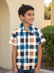 SHEIN 小男孩格紋短袖羈扣襯衫派對襯衫輕質柔軟舒適涼爽休閒外套開襟衫夏季