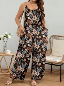 EMERY ROSE Plus Size Floral Print Jumpsuit, Suitable For Summer Suitable For Going Out,Flower/Vacation/Spring - Black - View 1