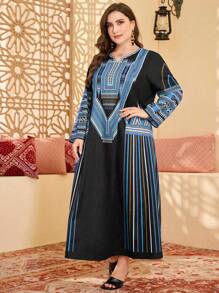 Al Najma 女士印花圆领长袖休闲连衣裙，加大码，阿拉伯风格 - 彩色 - 查看 6