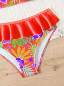 Young Girl Tropical Plant Print Ruffled Asymmetric Collar Bikini Set - Coral Orange - View 5