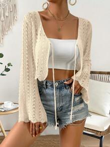 Breezaya 度假休闲纯色镂空系带喇叭袖开衫 - 杏色 - 查看 5