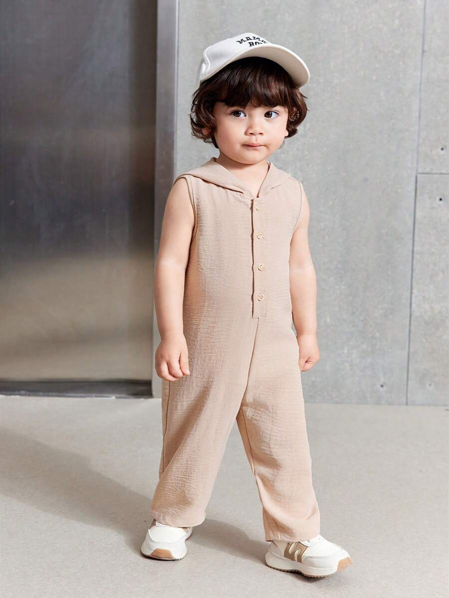 米色/浅黄色幼儿男女款无袖连帽连体裤休闲百搭夏季服装,适合室内和室外 - 杏色 - 查看 1