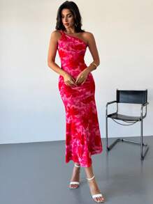 Firerie 女士优雅花卉印花单肩鱼尾下摆连衣裙，适合度假、约会、音乐节 - 紅色 - 查看 4