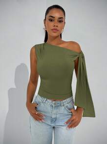 SHEIN BAE 优雅女士不对称颈部结带上衣，适合休闲约会、郊游、夜总会、派对、俱乐部、万圣节、秋季