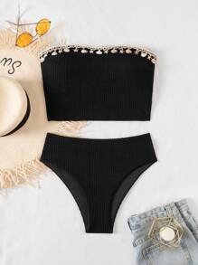 SHEIN Swim 2pcs Women Springbreak Spaghetti Strap Bikini Set, Textured Fabric With Seashell And Starfish Decor, High Waist Bikini Bottom, Adult Beach Spaghetti Strap Bikini For Summer Beach Vacation