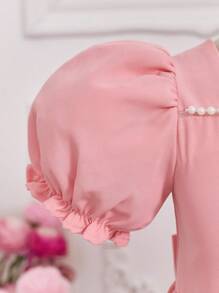 SHEIN 年轻女孩编织纯色泡泡袖修身连衣裙、婚礼、花童、大蝴蝶结、珍珠 - 粉色 - 查看 5