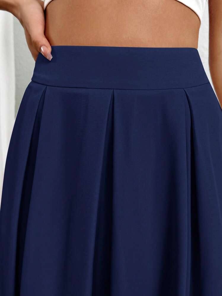 Firerie Women High Waist Pleated Long Skirt, Solid Color - Navy Blue - View 3