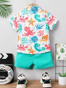 SHEIN 男小童卡通圖案街頭風休閒度假常規翻領短袖2入組/套適合夏天 - 彩色 - 查看 2