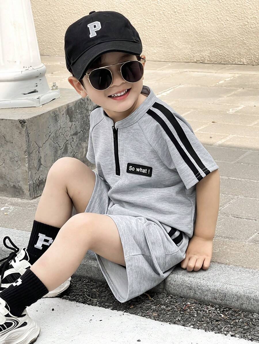 SHEIN 2 pezzi/set Completo ricamato casual e comodo per bambini con maglietta a maniche corte e pantaloncini, in colori a contrasto, ideale per scuola, giardino, spiaggia, compleanni, primavera, estate, autunno, inverno