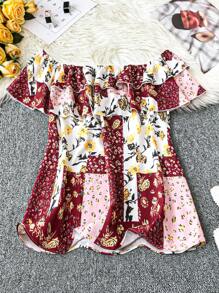 SHEIN LUNE Blusa Elegante, Casual, Minimalista, Retrô e Versátil de Moda Feminina, Best-seller, Design de Manga Curta com Babados de Duas Camadas, Ombro Caído, em Tecido Floral, Vinho, Plus Size, Primavera/Verão/Outono - Vinho - Visão 1