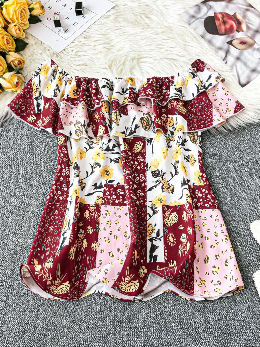 SHEIN LUNE Blusa Elegante, Casual, Minimalista, Retrô e Versátil de Moda Feminina, Best-seller, Design de Manga Curta com Babados de Duas Camadas, Ombro Caído, em Tecido Floral, Vinho, Plus Size, Primavera/Verão/Outono - Vinho - Visão 1