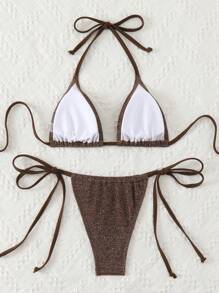 Swim Basics Summer Beach Glitter Triangle Tie Side Brown Bikini