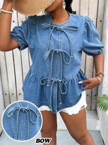 SHEIN Lady 大码女式短款上衣，前系带，泡泡袖，荷叶边下摆，牛仔衬衫，夏季，度假女士，复活节，春季，西部，女性办公室，狂欢，婴儿洗礼，乡村风格，乡村女性，老钱风格女性，外出，节日，牛仔竞技，机场女性 - 藍色 - 查看 5