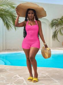 Slaydiva Women Plain Simple One-Piece Swimsuit, Daily Wear Spaghetti Strap Tank - Hot Pink - View 6