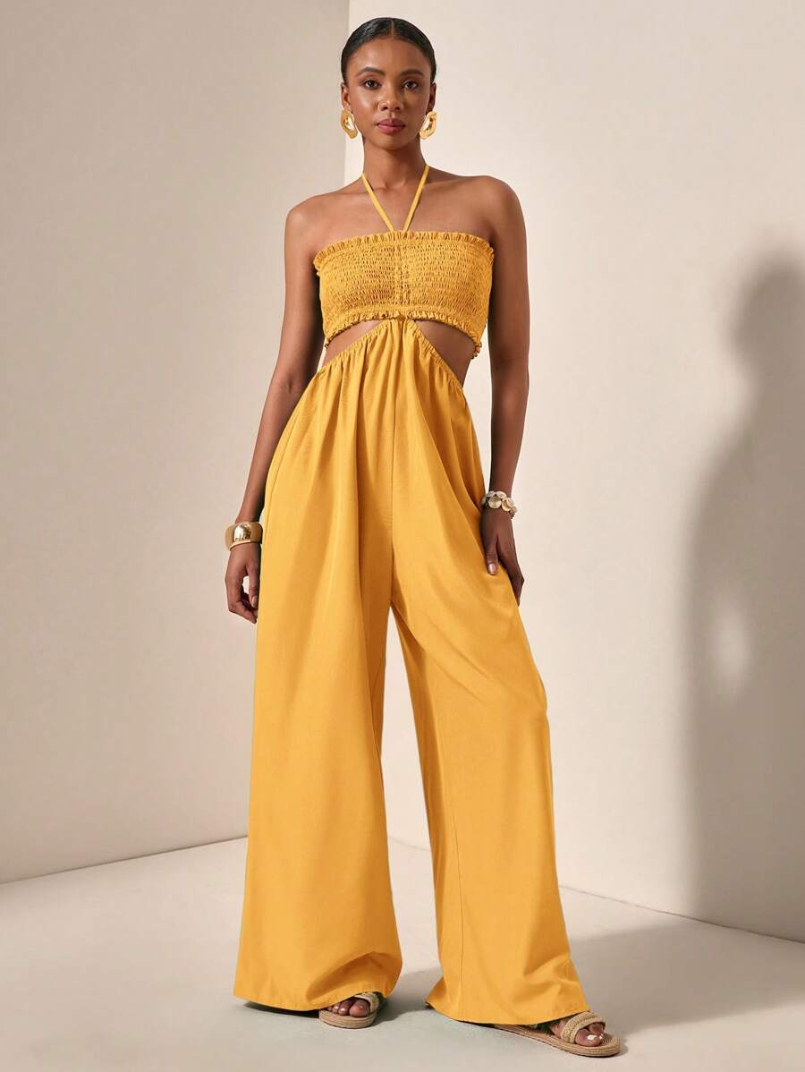 Slaydiva Women's Vacation Solid Color Shirred Waist Hollow Out Halter Wide Leg Jumpsuit - Yellow - View 1