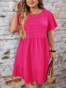 SHEIN LUNE Plus Size Solid Color Round Neck Short Sleeve Casual Loose Mini Dress Western Wear Women Festival Boho Hippie Cowgirl Outfit Old Money Bohemian For Summer