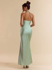 SHEIN BAE 春夏绿色性感细肩带露背长款缎面花卉装饰美人鱼连衣裙、伴娘服、缎面连衣裙、性感连衣裙 - 綠色 - 查看 2