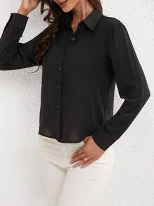 Women's Solid Color Simple Daily Long Sleeve Shirt - Black - View 4