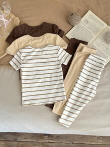 SHEIN LMoss Kids 男婴 6 件套舒适贴身纯色条纹图案圆领短袖上衣和裤子舒适亲肤睡衣套装 - 彩色 - 查看 2