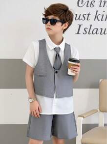 3pcs Outfit For Tween Boys: White Shirt + Vest + Shorts With Tie, Gentleman Style For Occasions, Spring/Summer - Grey - View 1