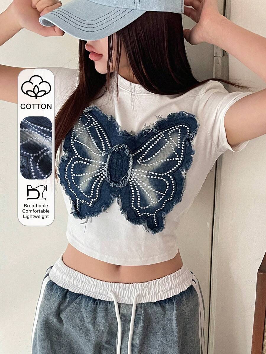 DAZY 女式圆领短袖透视T恤、短款上衣 - 白色 - 查看 1